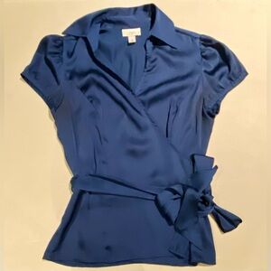 LOFT Navy Blue Satin Wrap-Front Top, size 10